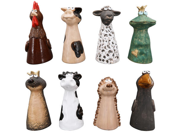 Hagepynt gårdsdyr keramikk h:22cm 8ass Pinnsvin,frosk,ravn,hane,gris,sau,ku 