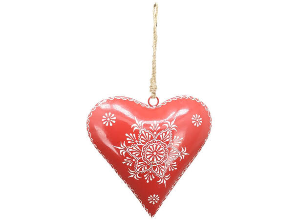 Hjerte henge rødt metall m/hvit 8x3cm 