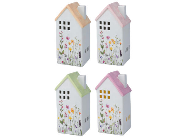 Hus LED keramikk m/blomster 16,5cm 4ass Varmhvitt LED 