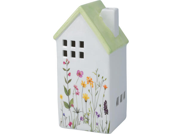 Hus LED keramikk m/blomster 16,5cm 4ass Varmhvitt LED 