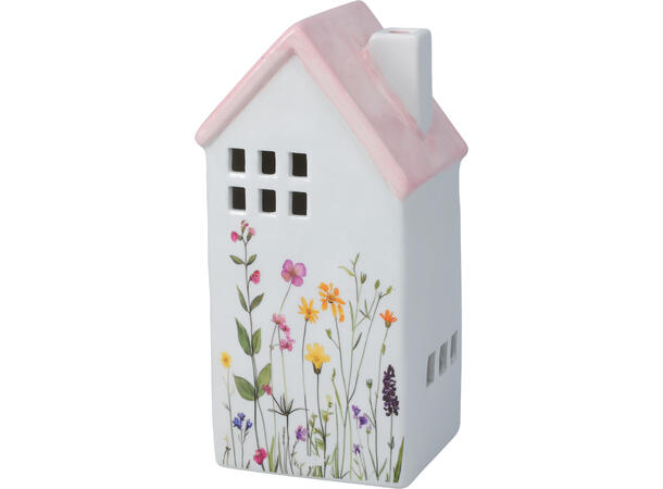 Hus LED keramikk m/blomster 16,5cm 4ass Varmhvitt LED 