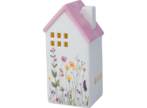 Hus LED keramikk m/blomster 16,5cm 4ass Varmhvitt LED 