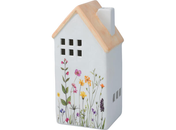 Hus LED keramikk m/blomster 16,5cm 4ass Varmhvitt LED 