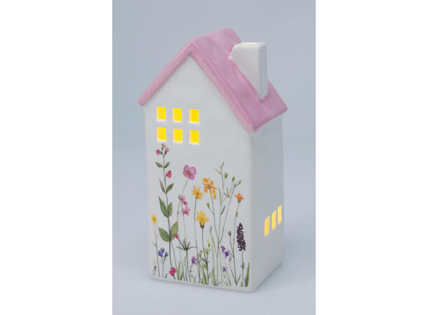 Hus LED keramikk m/blomster 16,5cm 4ass Varmhvitt LED 