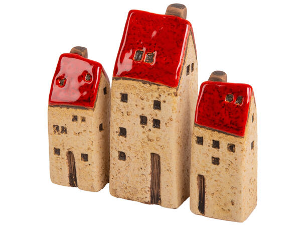 Hus dekor beige/rød keramikk s/3 3,1x7,5cm/3,7x10,5cm 