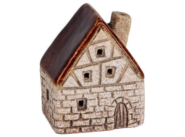 Hus keramikk beige/brun LED 7x9cm Batteri 2xLR44 