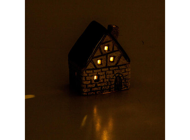 Hus keramikk beige/brun LED 7x9cm Batteri 2xLR44 