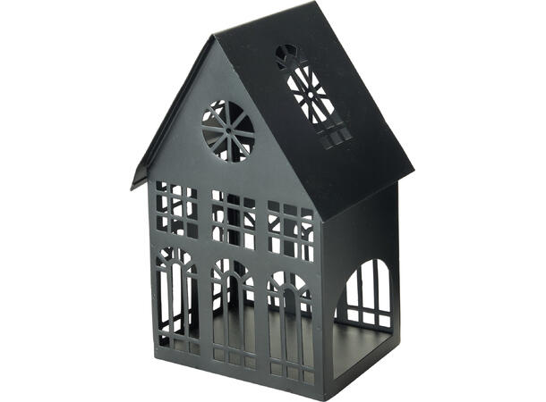 Hus sort metall til telys 14x22cm Vekt: 370g 