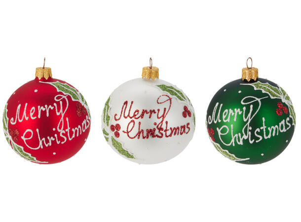 Julekule glass Merry Christmas 8cm 3ass Display med 12stk Munnblåst i Ukraina 