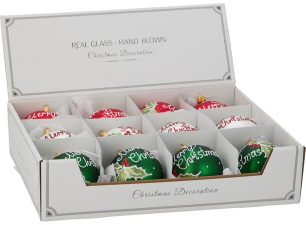 Julekule glass Merry Christmas 8cm 3ass Display med 12stk Munnblåst i Ukraina 
