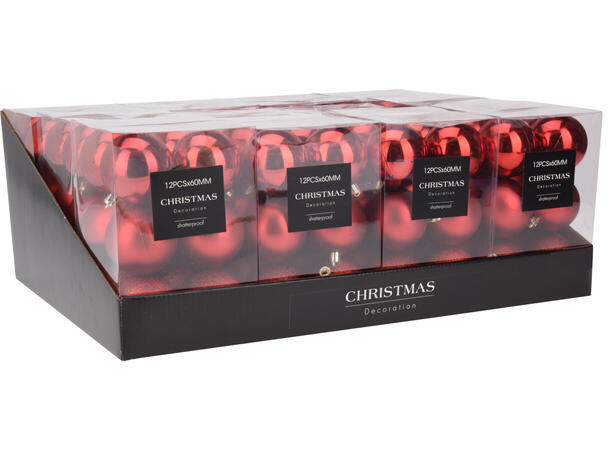 Julekule glass rød 6cm 12stk 12 sett i sort displayboks Shiny/matt 