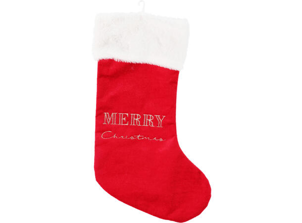 Julestrømpe rød m/hvit pels 27x47cm Merrry Christmas Materiale:Polyester 