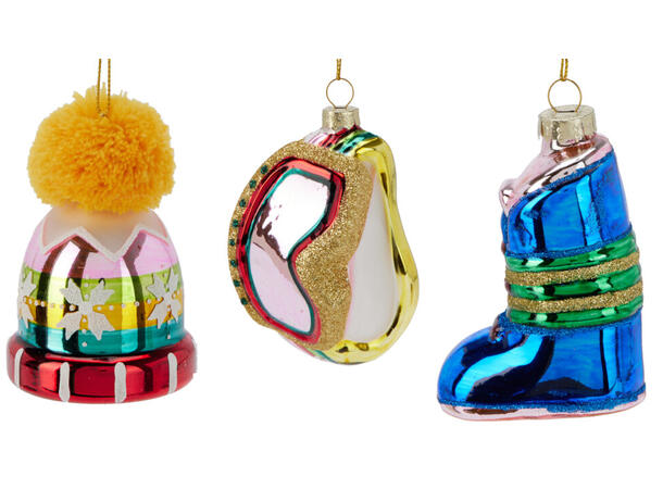 Juletrepynt skiutstyr glass 6x6x9cm 3ass 12 assortert i displayboks 