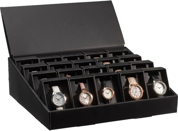 Klokke dame 23,5x3,6cm gaveeske 5ass Display: 20stk ass Batteri inkl:SR626SW 