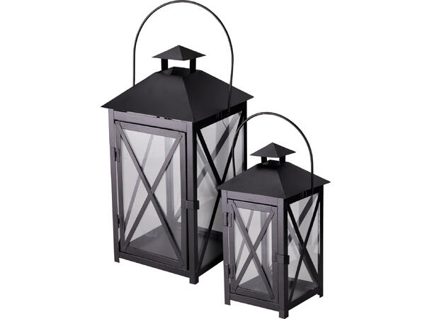 Lykt sett sort metall m/glass s/2 Str: 20x20x40cm 15x15x30cm 