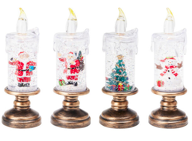 Lys figurer vann/glitter/LED 15,5cm 4ass Batteri inkl:3xLR44 Display med 16 stk 