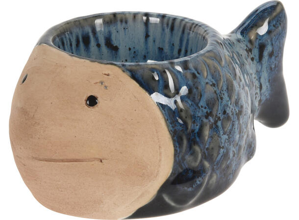 Lysestake fisk porselen 12,5x8x5cm 3asx Forpk 24stk Vekt:200gr Blå grønn hvit 