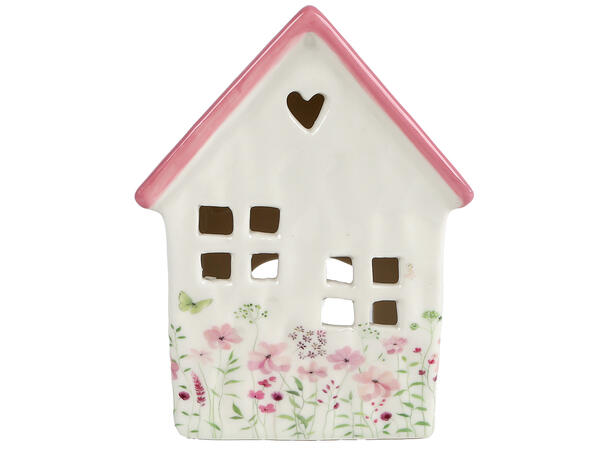Lyshus telys hvit m/rosa tak 11x7x16cm Keramikk 