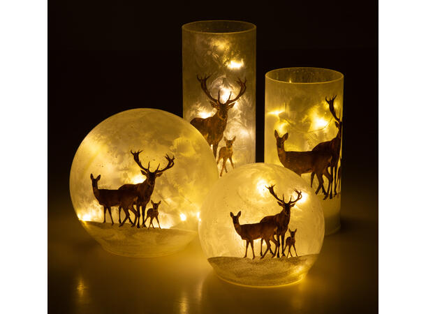 Lyslykt LED hjortdyr familie kule d:15cm 3xAA Batteri, Timer, 10 LEDpærer 