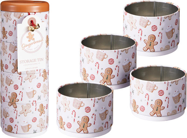 Metallboks 4-i-1 Pepperkake rund 4 bokser oppå hverandre Total 8,5x22,5cm 