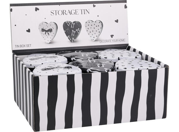 Metallboks hjerte Svart/Hvit 3ass Display 24stk Sløyfe Hjerte 10x11x3cm 
