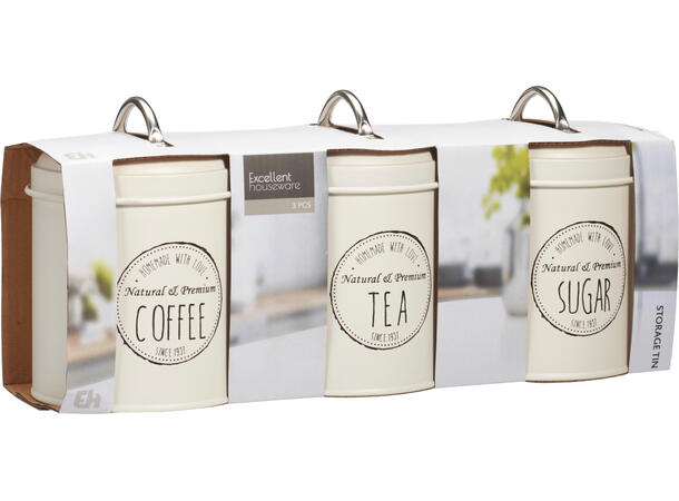Metallbokser 3stk m/tekst 11x16cm s/3 Coffee, tea, sugar 