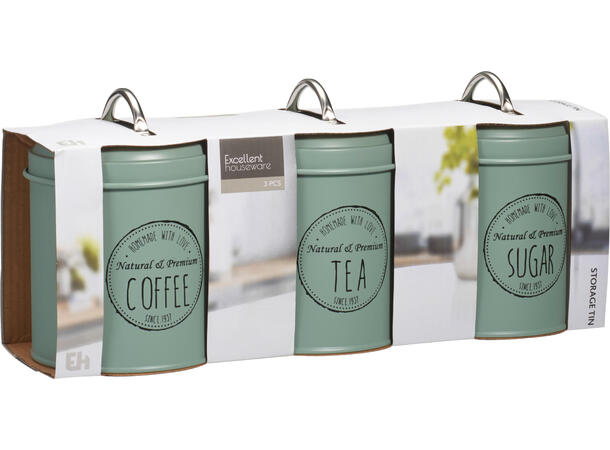 Metallbokser 3stk m/tekst 11x16cm s/3 Coffee, tea, sugar 