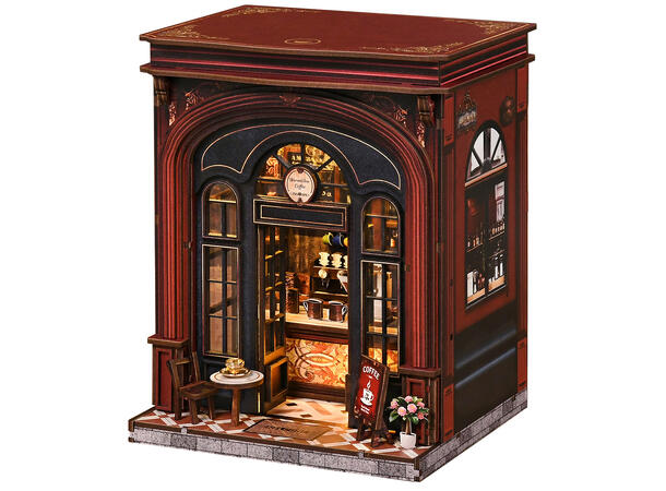 Mini hus DIY Biblioteket 23x17x23cm MDF, papir, stoff. LED lys, uten batteri 