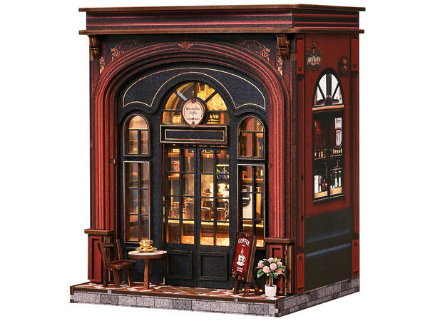 Mini hus DIY Biblioteket 23x17x23cm MDF, papir, stoff. LED lys, uten batteri 