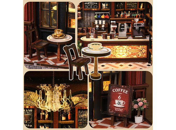 Mini hus DIY Biblioteket 23x17x23cm MDF, papir, stoff. LED lys, uten batteri 