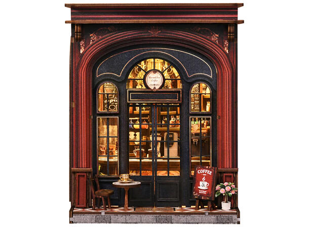 Mini hus DIY Biblioteket 23x17x23cm MDF, papir, stoff. LED lys, uten batteri 