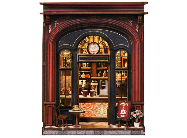 Mini hus DIY Biblioteket 23x17x23cm MDF, papir, stoff. LED lys, uten batteri 