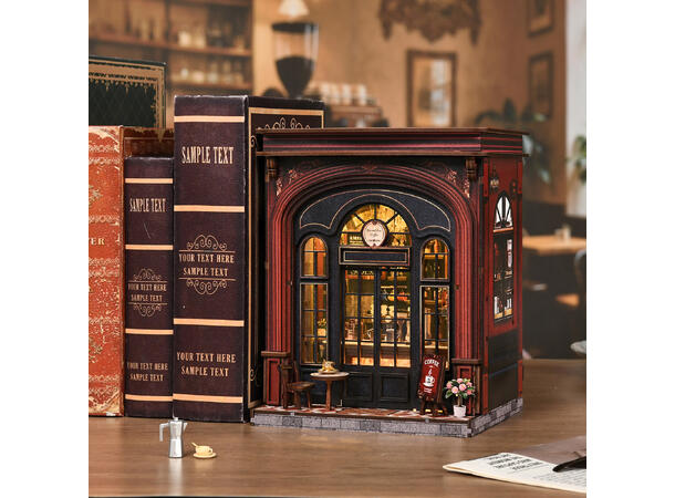 Mini hus DIY Biblioteket 23x17x23cm MDF, papir, stoff. LED lys, uten batteri 