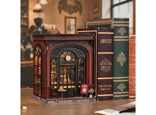 Mini hus DIY Biblioteket 23x17x23cm MDF, papir, stoff. LED lys, uten batteri 