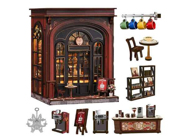 Mini hus DIY Biblioteket 23x17x23cm MDF, papir, stoff. LED lys, uten batteri 