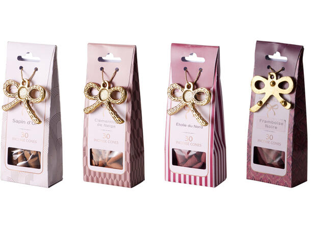 Røkelseskjegler 30stk m/holder 4ass Display 32stk Burgunder Rosa Lilla Hvit 