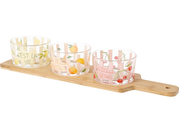 Serveringssett 3 glass og brett 10x39cm Borosilikatglass 