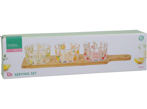 Serveringssett 3 glass og brett 10x39cm Borosilikatglass 