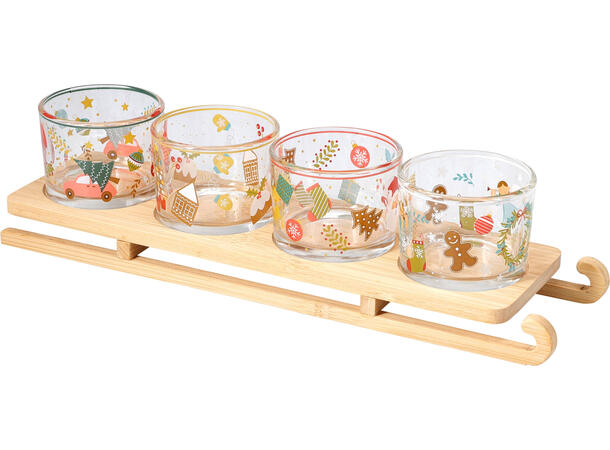 Serveringssett Slede og 4 glasskåler Glass: 7x5cm Slede: 32,8,5x2,5cm 