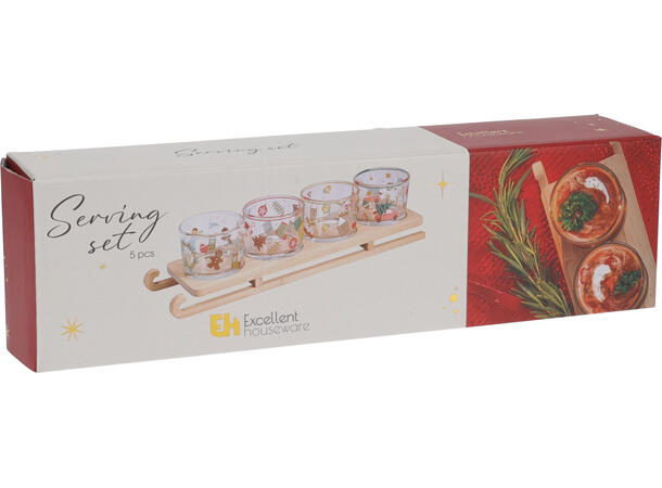 Serveringssett Slede og 4 glasskåler Glass: 7x5cm Slede: 32,8,5x2,5cm 