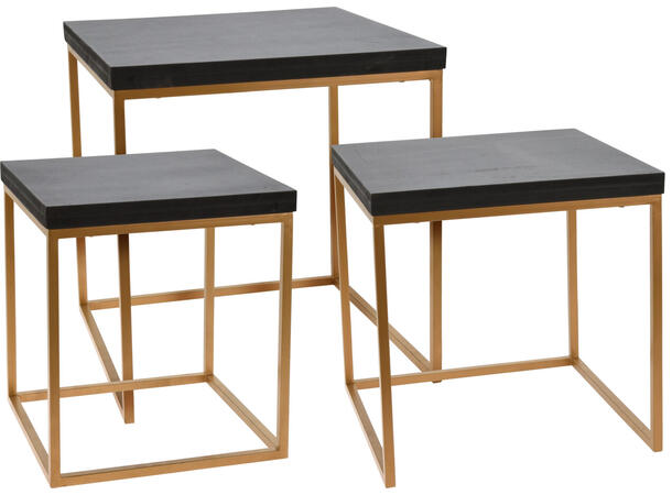 Sidebord sort mangotre m/gull metall s/3 30x30x34cm 35x35x36cm 40x40x42,5cm 