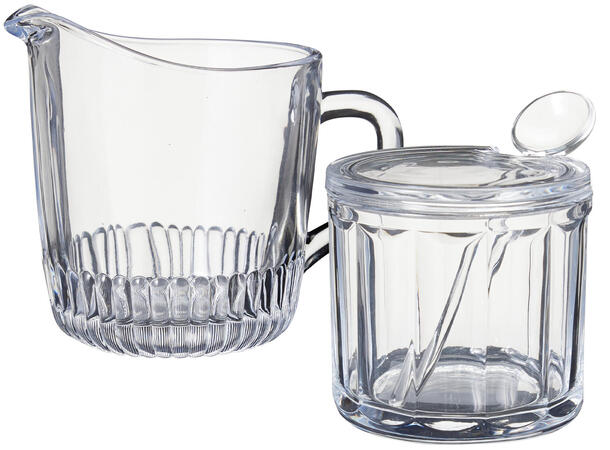 Sukker- og fløtesett glass 3 deler 9x8cm Sukkerkrukke,Fløtemugge,Skje 