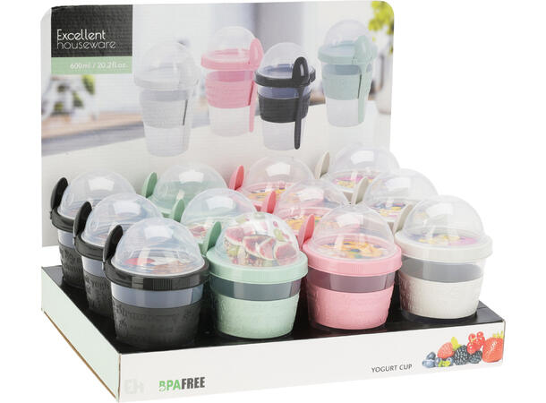 Yoghurtbeger boks 0,6L 16cm m/skje 4ass Display 12stk 