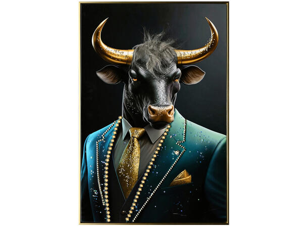 Bilde lerretstrykk sort okse 62x92cm Shiny foliert fototrykk med gullramme 