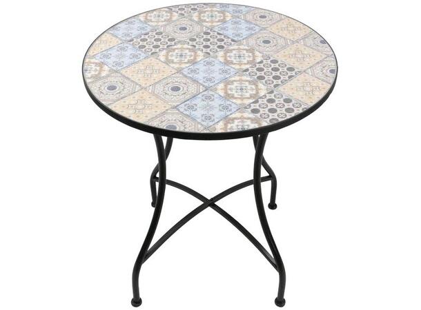 Bord Kafébord lyse mosaikkfliser 60x71cm Hagebord,  sorte metallbein 