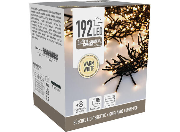 Cluster lys 192 LED batteri sort kabel IP44 8 funksjoner Timer 6/18t 