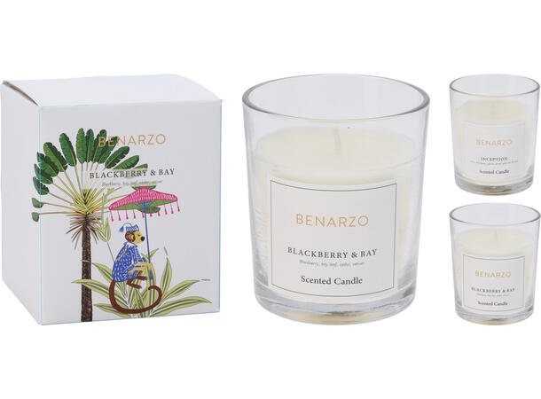 Duftlys i glass 8,5x10 cm Hvit voks 3ass Duft: myrra, bjørnebær, hav. 2% duft 