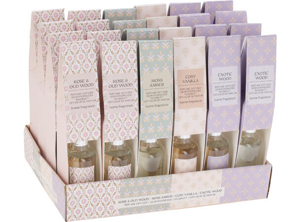 Duftolje 50ml klart glass 4x9,5cm 4ass Pakket i display med 24 stk. 