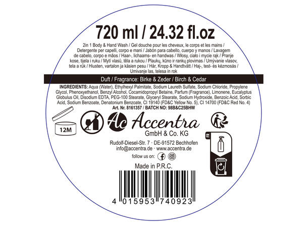 Dusj- og håndsåpe lys Cheers 720ml Bjørk / seder Vegansk Uten parabenerSLES 