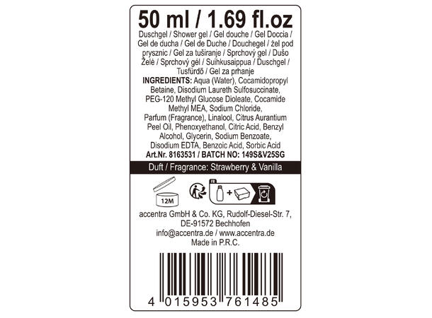 Dusjsåpe flaske 50ml 3ass dufter Display 21stk. Vegansk u/parabener/SLES 